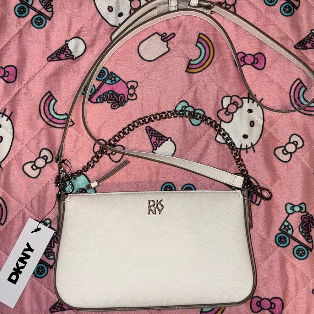 DKNY White Crossbody Bag with Silver Chain